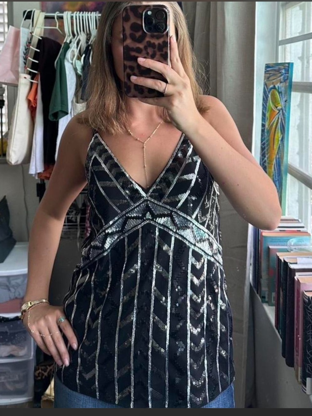 Express Black Sequin V-Neck Tank Top